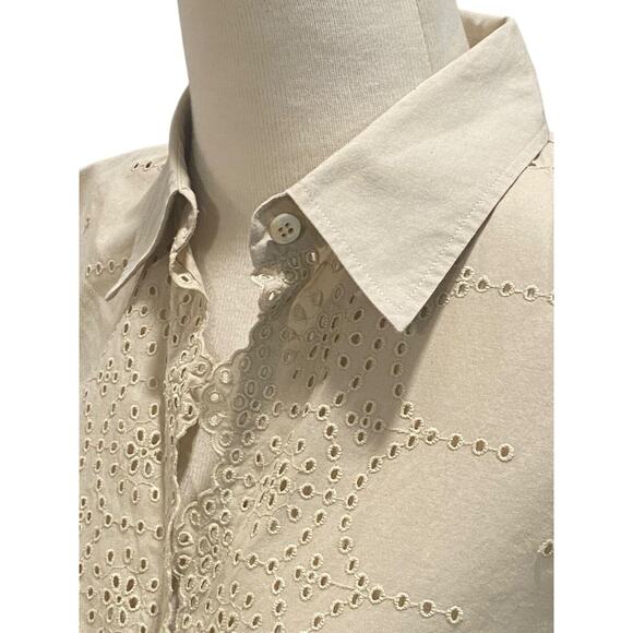 06 Paperwhite Women Collared Long Sleeve Lace Edge Tan Button Down Tunic Blouse - Picture 5 of 10